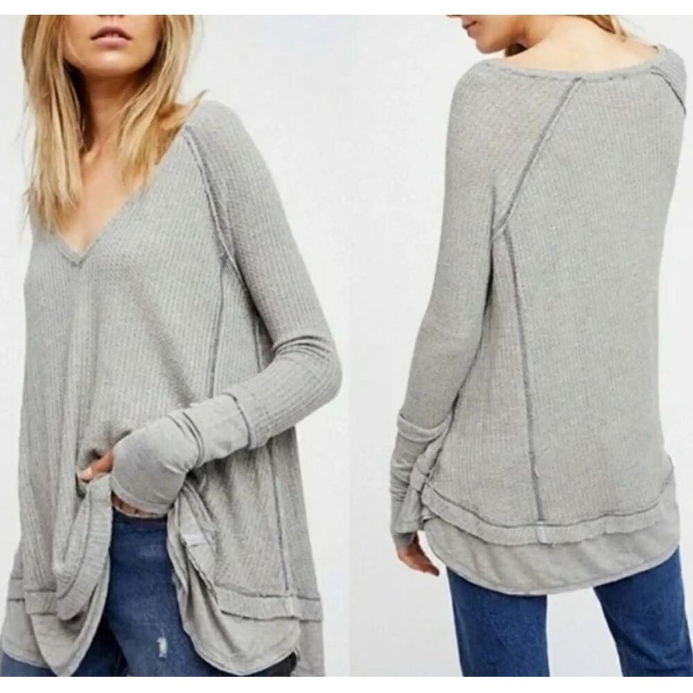 Free People We the Free Laguna Waffle Thermal Long Sleeve Top Small Gray Casual - Picture 2 of 12